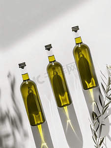 玻璃透明瓶子摄影照片_一套躺在侧面的瓶子里上面有白色的橄榄油