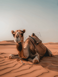 卡通人物飞行摄影照片_骆驼躺在沙漠上