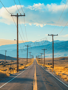 傍晚灯光下高压道路与高压电线杆的全景图像