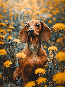 蒲公英田里的一只可爱腊肠犬的画像