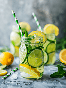 玻璃瓶中加标柑橘柠檬水