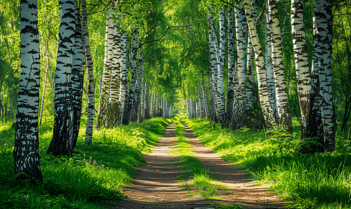 绿色白桦林中的小路