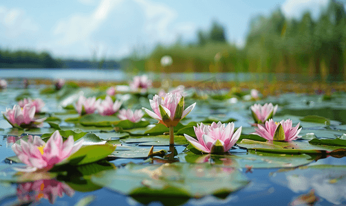 湖中的睡莲粉红色的百合平静的水面