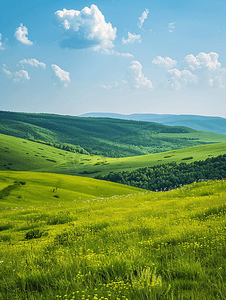 农村山丘摄影照片_绿草景观与山丘和蓝天