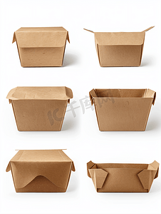 一套棕色纸食品盒在白色背景上隔离带有剪切路径
