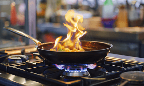 燃气灶上的煎锅着火正在准备菜肴