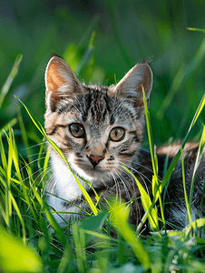 绿草中的流浪虎斑猫