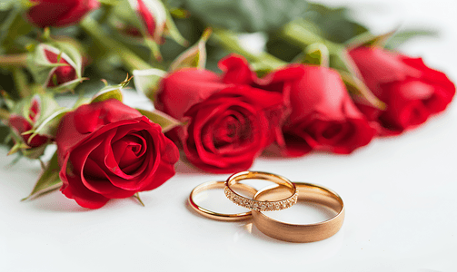 红玫瑰和白底金戒指