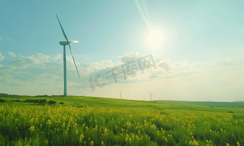 夏季田野中的风车涡轮机旋转风力发电机