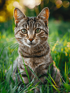 绿草中的流浪虎斑猫