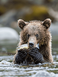 灰熊幼崽在贝拉库拉吃鲑鱼
