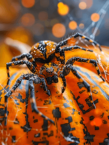蜘蛛的特写镜头坐在南瓜上覆盖着网恐怖的万圣节背景
