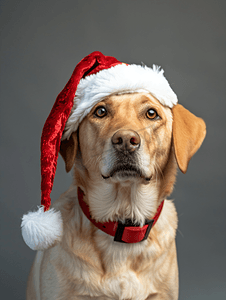 灰色背景中戴着圣诞帽的小鹿拉布拉多犬