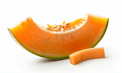 蜜瓜切摄影照片_一块成熟的瓜子有种子橙子果肉白色背景上孤立