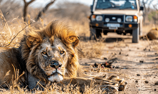 南非克鲁格公园受伤的雄狮开着野生动物园吉普车