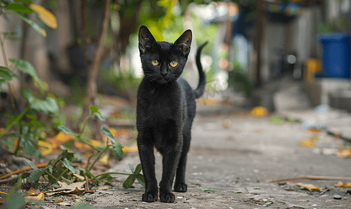 流浪猫是黑猫在院子里