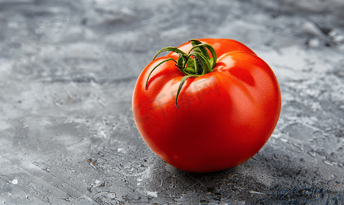 不成熟摄影照片_灰色混凝土背景上一个丑陋的成熟红番茄的特写