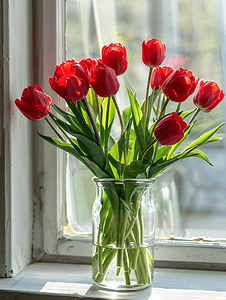 家窗台上的花瓶里有一束美丽的红色郁金香