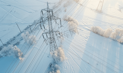 雪空中景观上的电力线