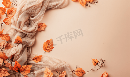 枫树的叶子摄影照片_米色背景上带围巾的秋叶带复制空间横幅