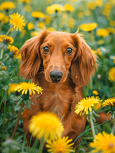 蒲公英田里的一只可爱腊肠犬的画像