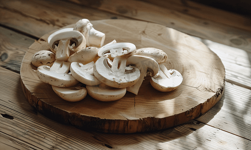 棕色木板上切成片的白蘑菇