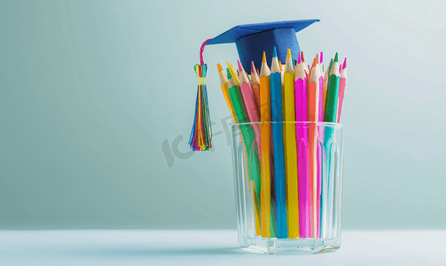 玻璃教育学习概念中带毕业帽的铅笔