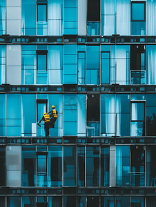反射条纹摄影照片_两名工人清洗现代建筑的窗户