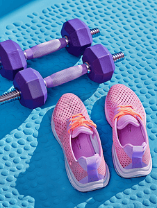 蓝色活力摄影照片_蓝色氯丁橡胶垫上的一对紫色哑铃运动手套和粉色运动鞋