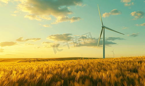 夏季田野中的风车涡轮机旋转风力发电机