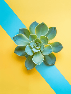 极简蓝色线条摄影照片_流行的黄色背景与蓝色对角条纹上的绿色多汁植物顶视图