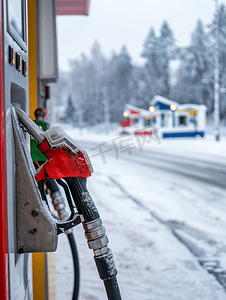 冬季能源摄影照片_冬季加油站有燃气喷嘴的加油机