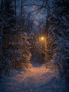 冬天夜间下雪的森林