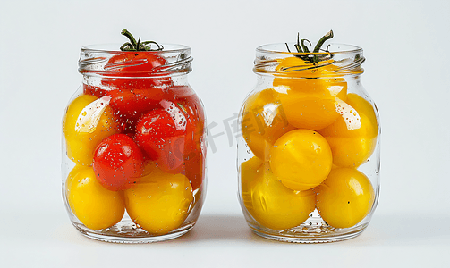 白色背景中玻璃杯中腌制的红黄番茄