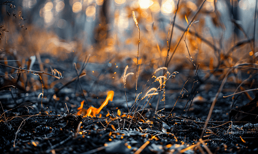 灰烬摄影照片_森林火灾后烧焦的草草被烧成灰烬背景模糊