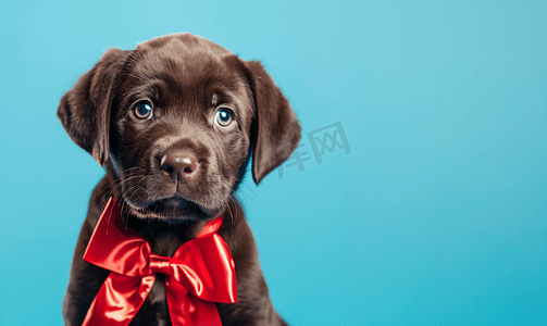 忠诚敬业摄影照片_蓝色背景中一只脖子上系着红色蝴蝶结的巧克力色拉布拉多小狗的画像