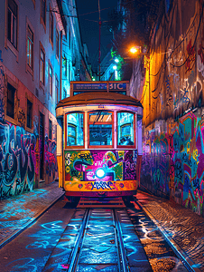 电梯刷卡摄影照片_葡萄牙里斯本老式著名的比卡电车夜间涂鸦