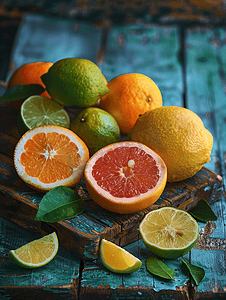 木质背景上的柑橘类水果切背景橙子柠檬酸橙葡萄柚