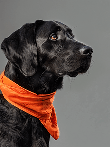 戴着橙色头巾的黑色拉布拉多猎犬一只小狗的轮廓