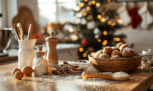 厨房烘焙工具摄影照片_厨房桌子背景是烘焙工具、肉桂和圣诞树