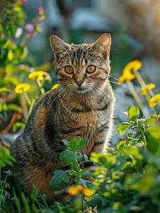 绿色花坛里的杂种猫