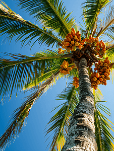 蓝天绿叶摄影照片_热带天然棕榈树棕榈枣蓝天墨西哥
