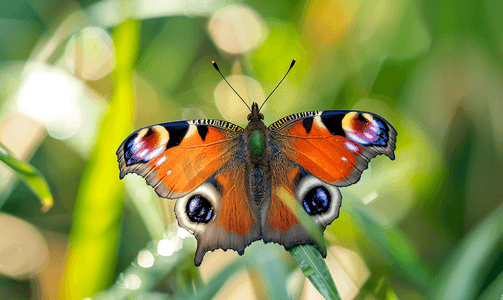 孔雀三色堇蝴蝶在草叶上