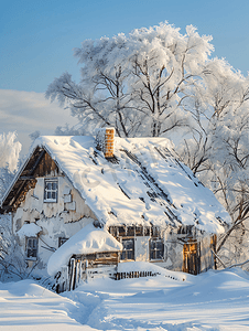 老房子雪摄影照片_冬天村里的房子老房子屋顶上有很多雪