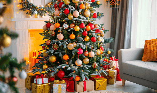 家里装饰着彩色球和礼品盒的圣诞树