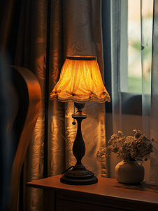 复古横幅标题框摄影照片_房间里的台灯桌子上的灯老式白炽灯