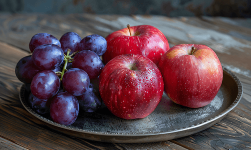 木质背景上的苹果、李子和葡萄刚洗在盘子上