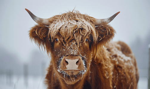 高地牛摄影照片_苏格兰高地毛茸茸的牛冻鼻子