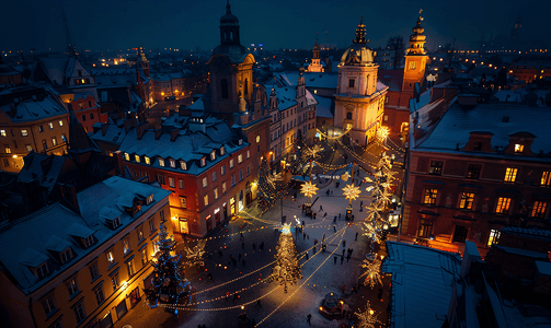 华沙老城区的空中圣诞夜