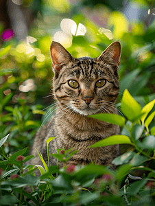 绿色花坛里的杂种猫
